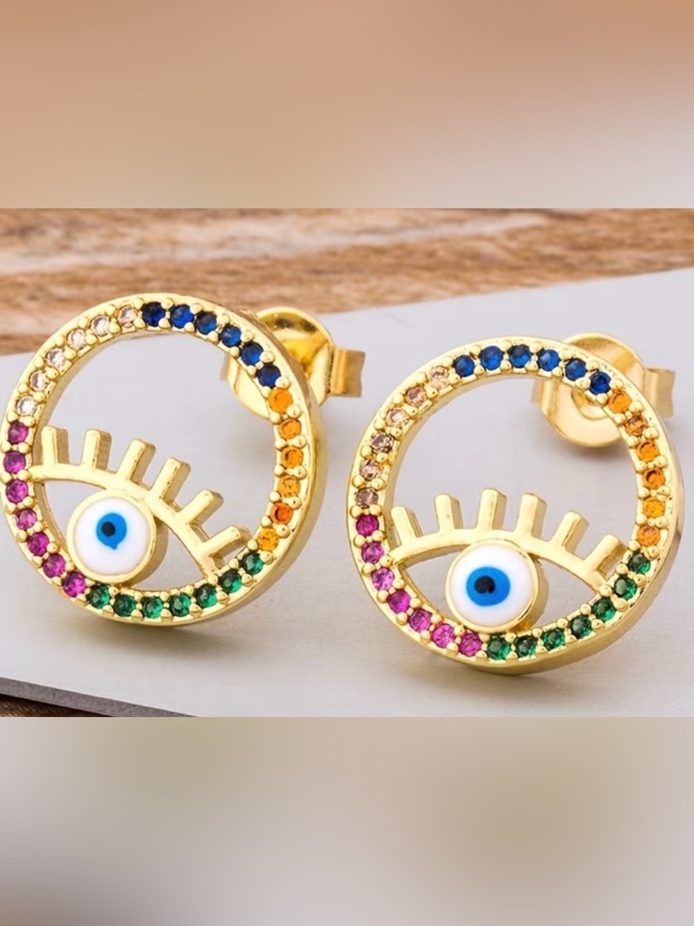 Gold Rainbow Evil Eye Stud Earrings - Women Jewelry